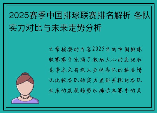 2025赛季中国排球联赛排名解析 各队实力对比与未来走势分析